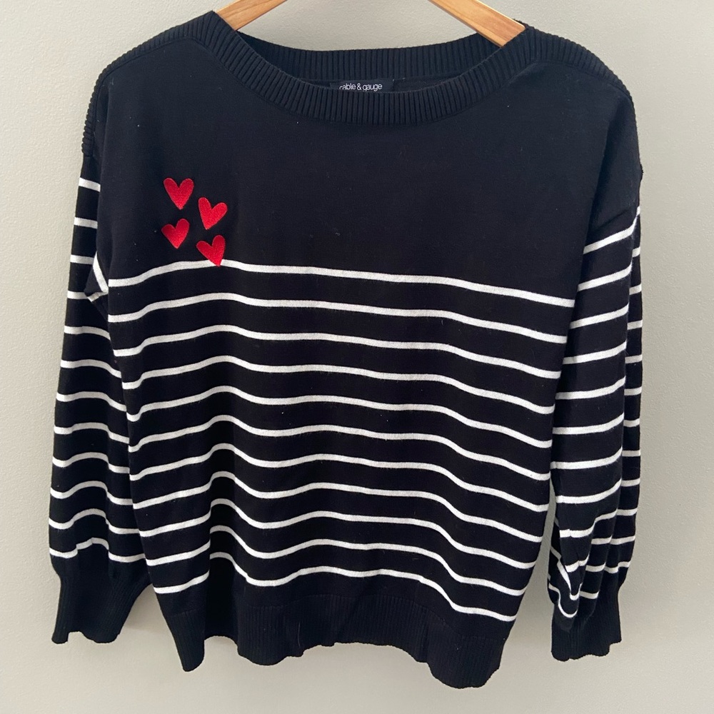 Cable & Gauge Boat Neck Striped Heart Casual Sweater